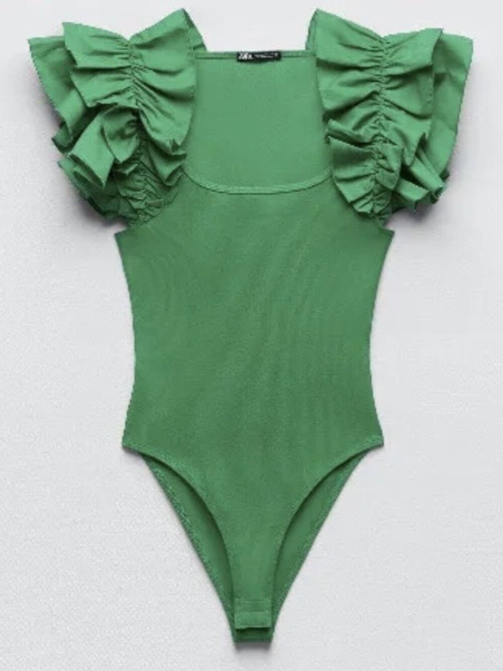 Zara Ribbed Ruffle Sleeve Bodysuit in Green Glam Size M EUC